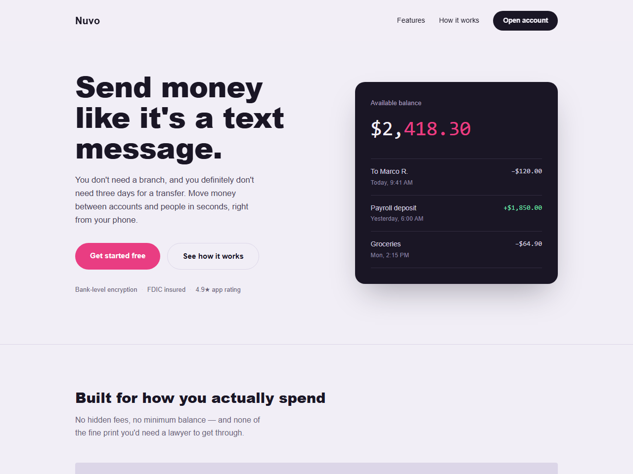 Nuvo fintech wallet landing page