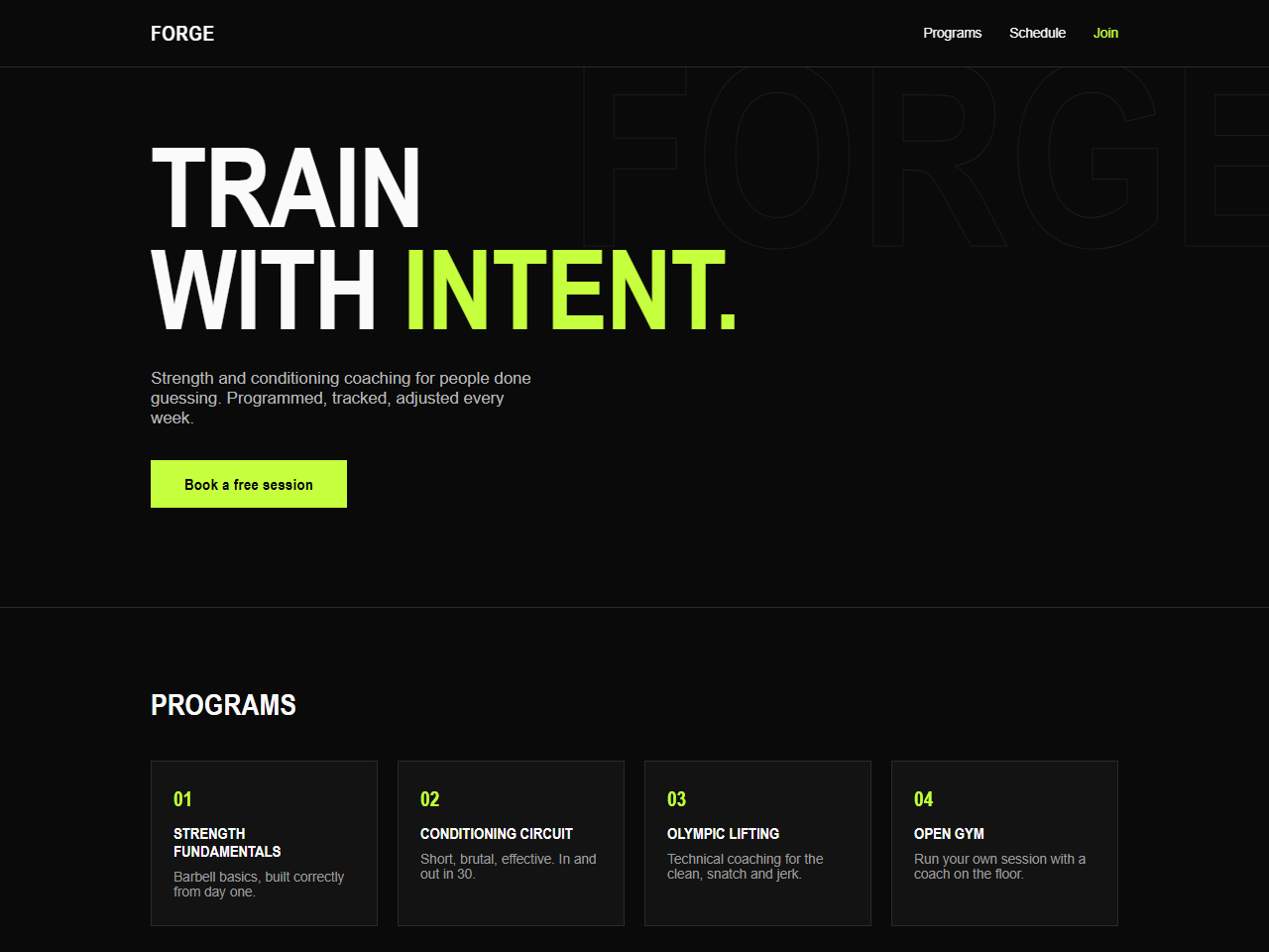 FORGE gym landing page